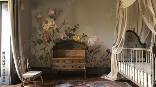 Elegant vintage bedroom with floral mural, classic wooden furniture, and a canopy bed, creating a serene and timeless atmosphere.