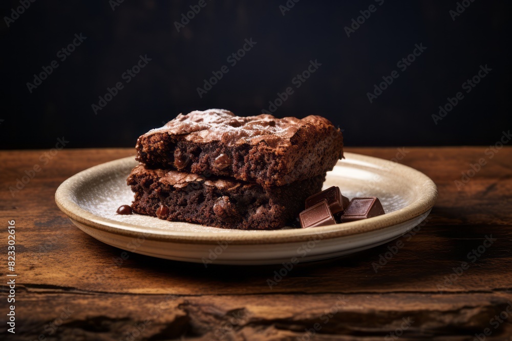 Juicy brownie on a rustic plate against a minimalist or empty room background Juicy brownie on a rustic plate against a minimalist or empty room background