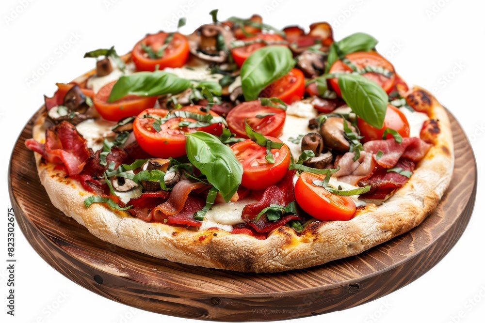 Canadian Pizza or Regina with Bacon, Tomatoes, Boletus Mushrooms, Fresh Basil, Tomato Sauce Canadian Pizza or Regina with Bacon, Tomatoes, Boletus Mushrooms, Fresh Basil, Tomato Sauce