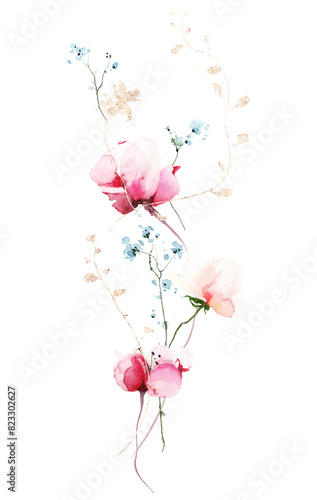 Watercolor painted floral bouquet. Blue small flowers, red, peach colour flowers, branches, leaves and golden plants.