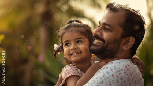 Happy loving young Indian dad and pretty preschool daughter kid looking away with toothy smiles, posing for home portrait. Positive father hugging cute child, enjoying fatherhood.