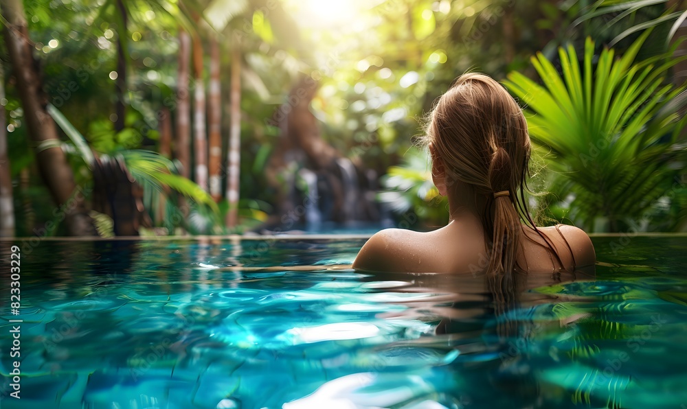 Woman in a tropical jungle swimming pool, 