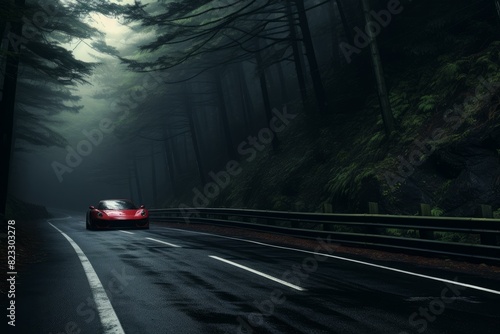 Sleek red sports car drives along a foggy forest road  evoking mystery and adventure