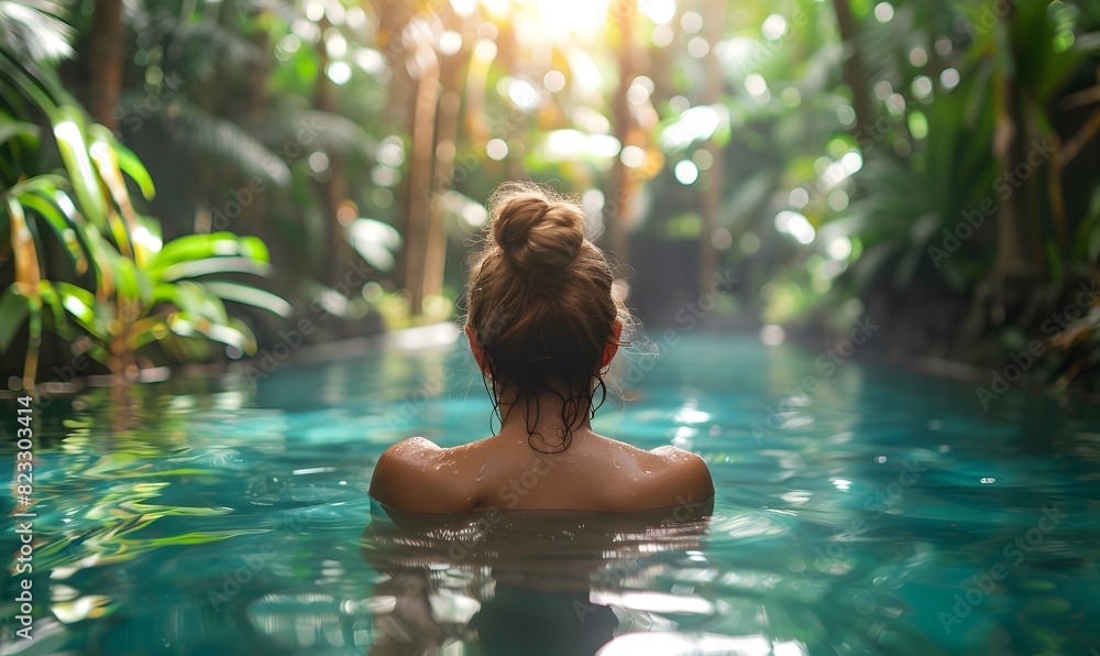Woman in a tropical jungle swimming pool, Woman in a tropical jungle swimming pool,
