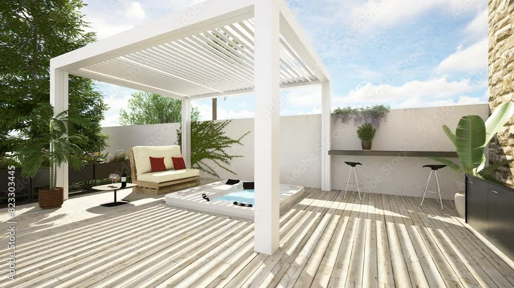 3D illustration of modern urban patio with white bioclimatic pergola ...