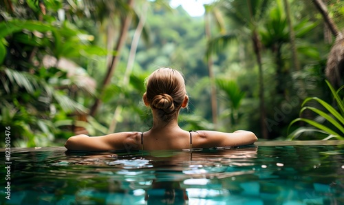 Woman in a tropical jungle swimming pool  