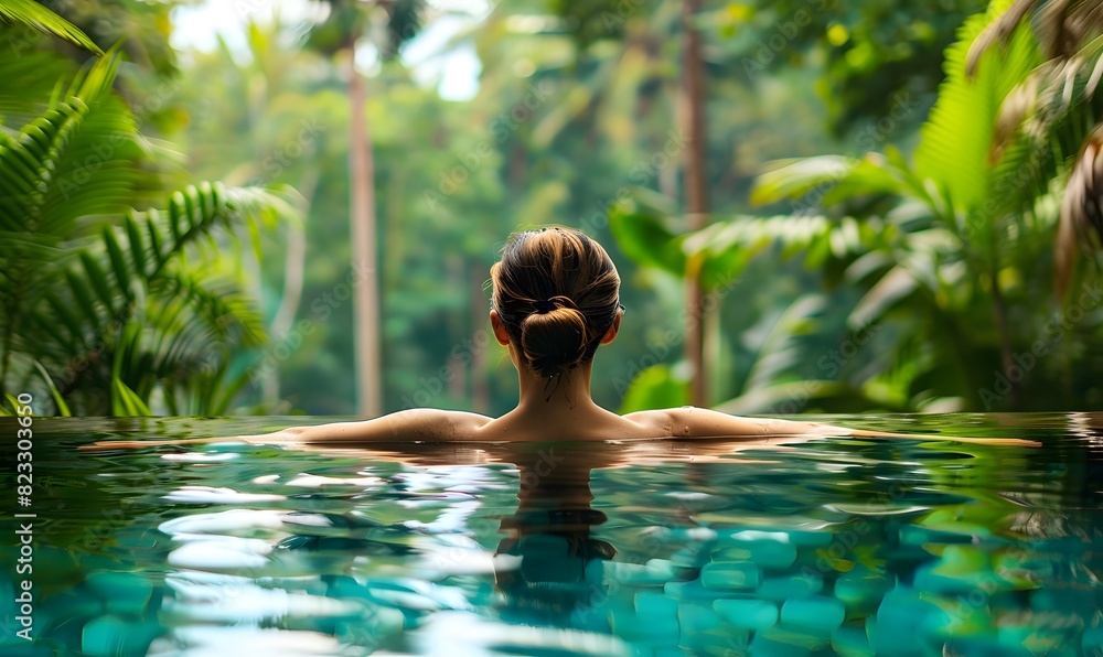 Woman in a tropical jungle swimming pool, Woman in a tropical jungle swimming pool,