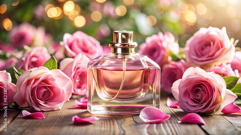 Perfume bottle close-up with delicate flowers and rose petals, product presentation. Perfume bottle close-up with delicate flowers and rose petals, product presentation.