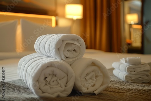 Clean  crisp white bed with neatly folded towels on the side of it  ready for use in hotel rooms.