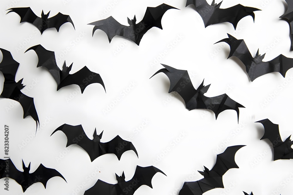 Fototapeta premium Halloween black paper bats on white background, flat lay