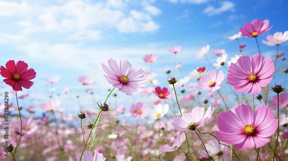 A photo of a picturesque field of cosmos flowers. A photo of a picturesque field of cosmos flowers.