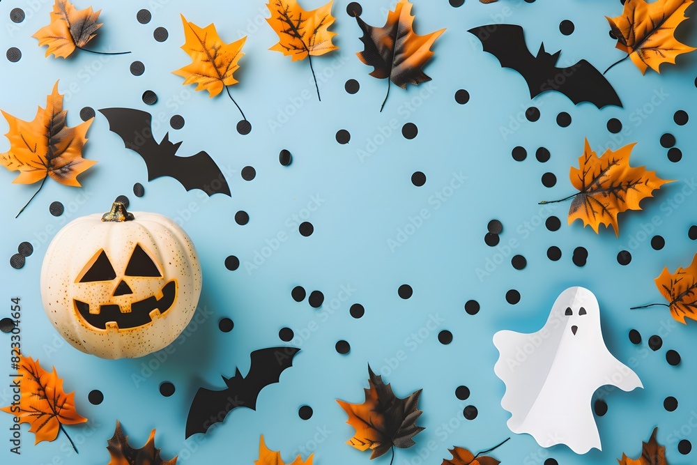 Halloween Decorations on Pastel Blue Background with Copy Space Halloween Decorations on Pastel Blue Background with Copy Space