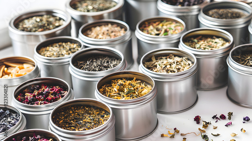 A variety of teas and herbal infusions neatly organized in metal tins on a tea shop counter isolated on white background, simple style, png  © King