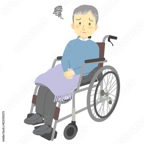車いすに乗った困った表情のおじいさん（全身）介護、看護、デイサービス
