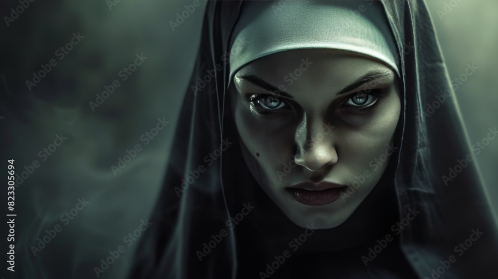 A dramatically intense portrait of a nun with a penetrating gaze, surrounded by ethereal smoke in a dark ambiance. A dramatically intense portrait of a nun with a penetrating gaze, surrounded by ethereal smoke in a dark ambiance.