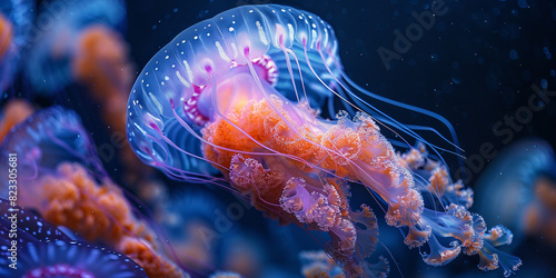 Close-up of a jellyfish with swirling patterns, high-resolution, high-definition (HD), ultra high-definition (UHD), professional-grade