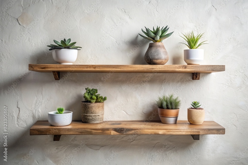 Interior design details. There are wooden shelves with potted plants on the bright wall. Scandinavian style. Interior design details. There are wooden shelves with potted plants on the bright wall. Scandinavian style.
