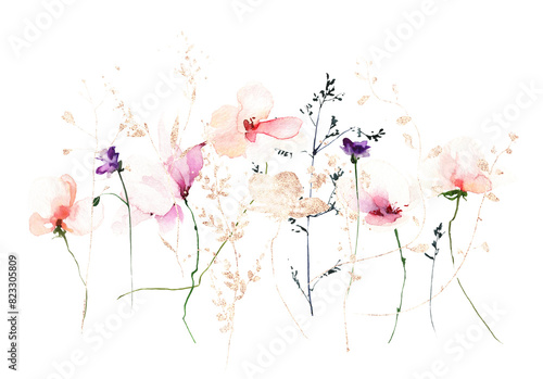 Watercolor floral bouquet frame on white background. Growing pink, orange, violet, golden wild flowers, branches, twigs.