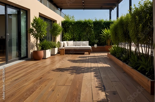 Sunny terrace with wood teck flooring and plants