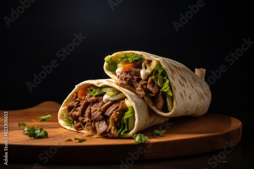 Juicy shawarma on a wooden board against a minimalist or empty room background photo