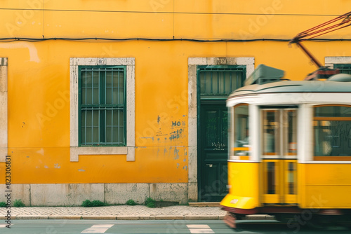 Yellow tram moving past yellow building in Lisbon, Portugal 