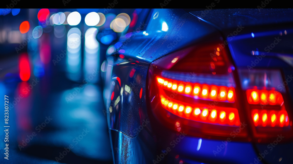 Rear view of a car with glowing brake lights on a rain-slicked street at night. Rear view of a car with glowing brake lights on a rain-slicked street at night.