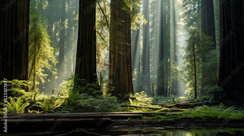 Obraz premium Mysterious woodland with majestic redwoods.