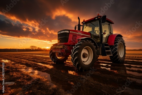 Picturesque Tractor field spraying sunset. Nature harvest. Generate Ai