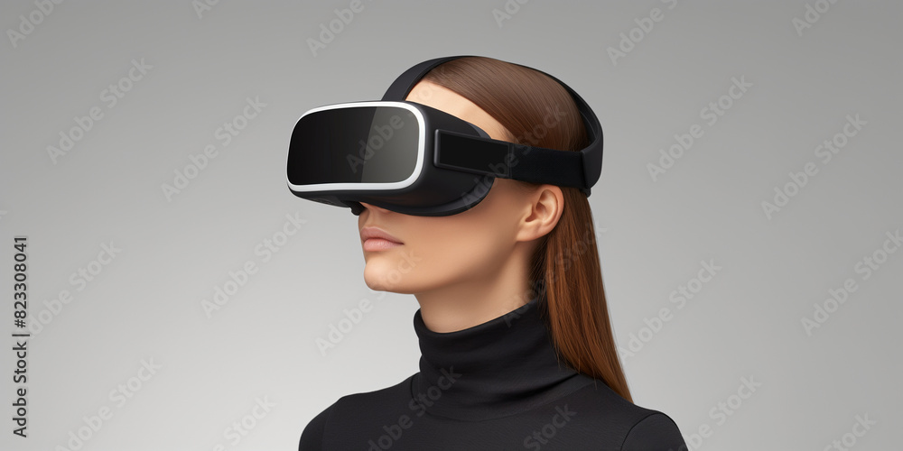 Hübsche Model Frau mit VR Brille 3D VR Metaverse mit futuristischem Hintergrund in Querformat als Banner Hübsche Model Frau mit VR Brille 3D VR Metaverse mit futuristischem Hintergrund in Querformat als Banner