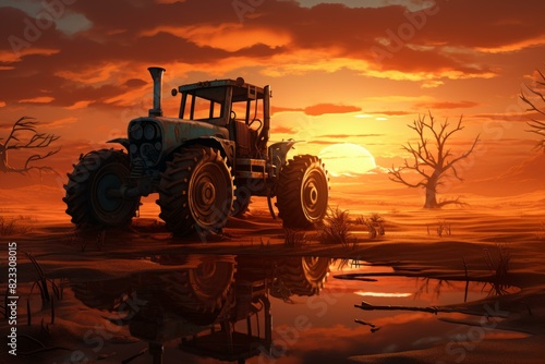 Breathtaking Tractor sunset. Farmland crop work. Generate Ai