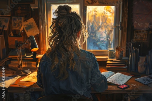 Woman sitting at a desk in a cozy, cluttered room writing in a journal with a window showing autumn trees in the background.