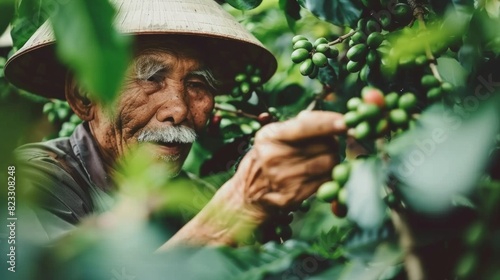 Portrait of Asian men farmer smiling and picking coffee berry
