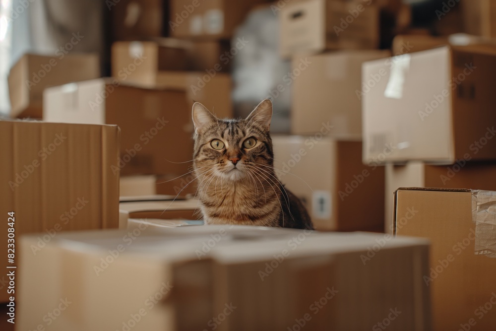 Fototapeta premium A curious tabby cat sitting among moving boxes in a new home, capturing the essence of relocation and pet exploration. Ideal for themes of moving, pets, and new beginnings.