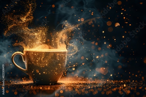 Steaming cup of coffee, emitting mysterious light particles, against a dark background.