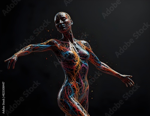 Abstract colorful plastic human body mannequin with scattering particles over black background. Action dance jump ballet pose. 3D rendering ... See More