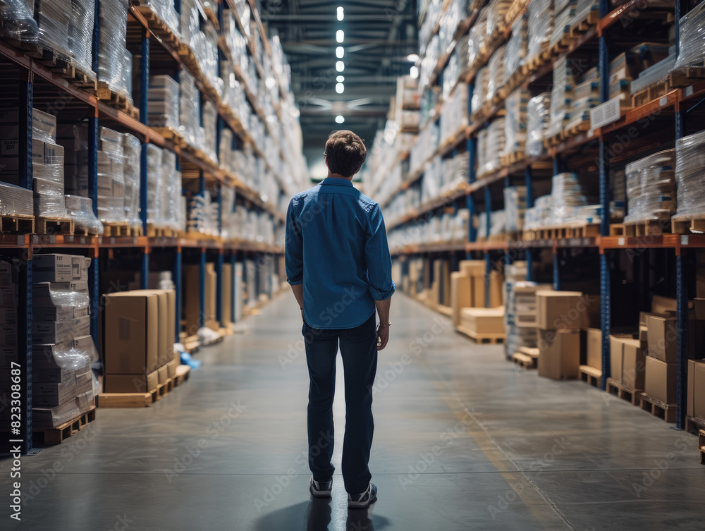 Fototapeta premium salesman in a hardware warehouse standing checking scan box in logistics for inventory check using barcode reader
