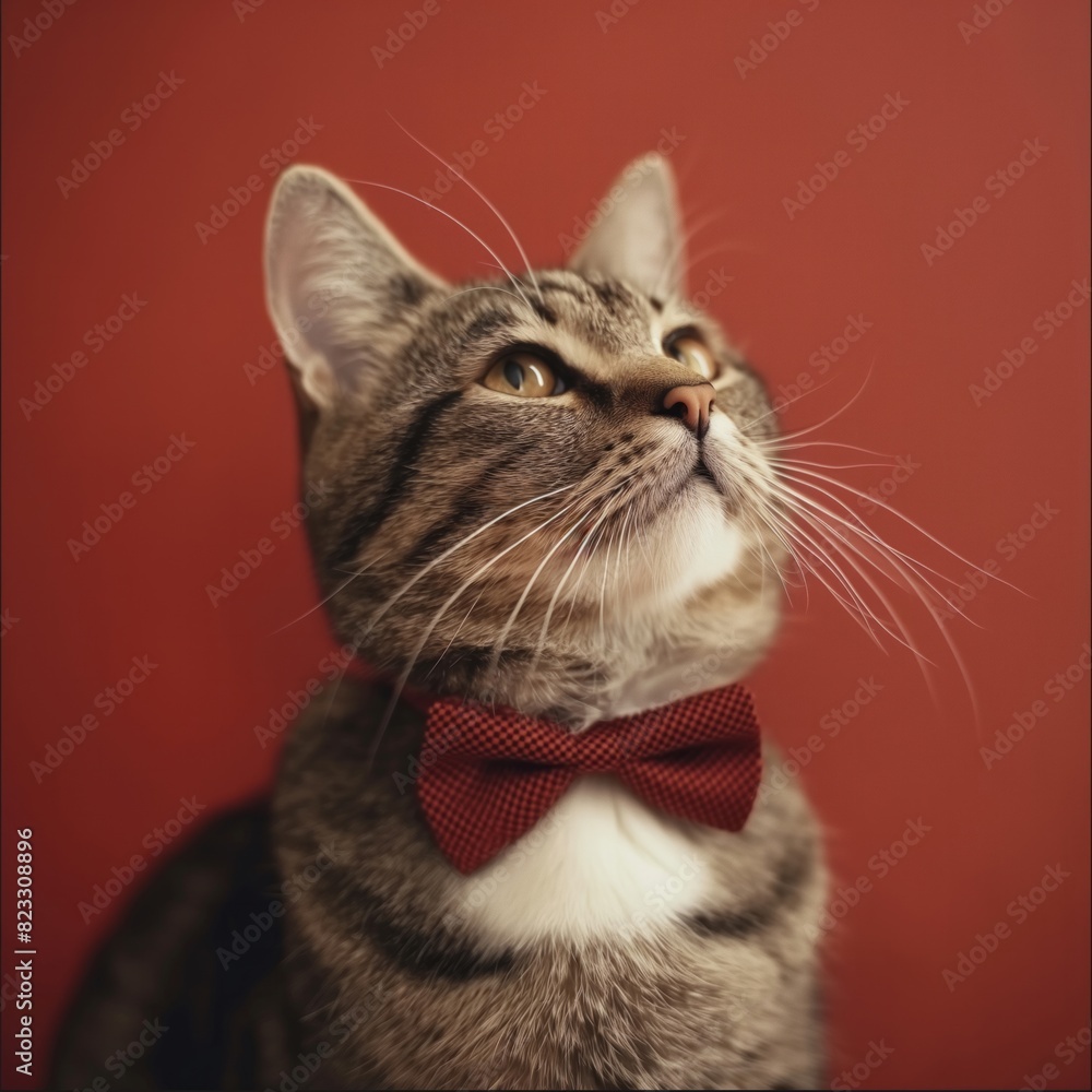 A close-up portrait of an elegant tabby cat wearing a red bow tie against a red background. Perfect for themes of pets, fashion, and feline elegance. A close-up portrait of an elegant tabby cat wearing a red bow tie against a red background. Perfect for themes of pets, fashion, and feline elegance.