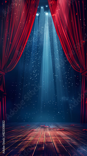 Theater stage with red curtain and steps