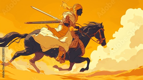 Warrior Riding Horse Through Desert. Amazing anime illustration