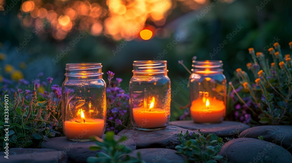 garden party decor, mason jar candles lighting up the garden, setting a cozy and romantic atmosphere for a garden party garden party decor, mason jar candles lighting up the garden, setting a cozy and romantic atmosphere for a garden party