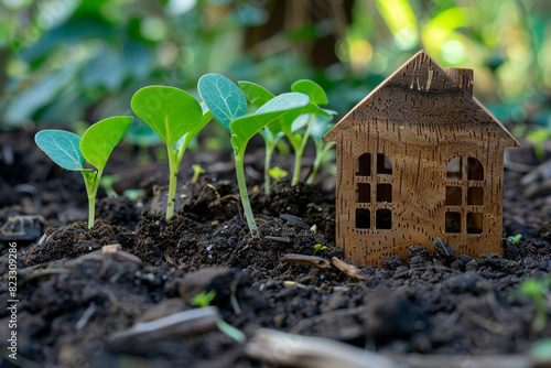 Young Green Seedlings Growing by a Wooden House Model 