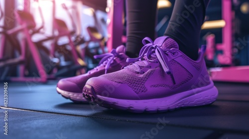 Side view of a woman wearing purple sports shoes while exercising on a treadmill in a gym, focusing on fitness and active wear.