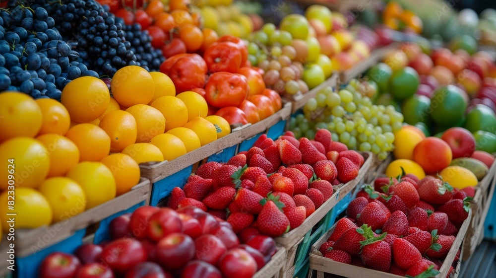 A market display brimming with a variety of colorful fruits including grapes, strawberries, and tomatoes, arranged in rustic wooden crates. A market display brimming with a variety of colorful fruits including grapes, strawberries, and tomatoes, arranged in rustic wooden crates.
