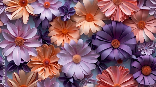 Seamless pattern featuring 3D Amethyst and Peach Daisy florals  resembling a paper quill design. 