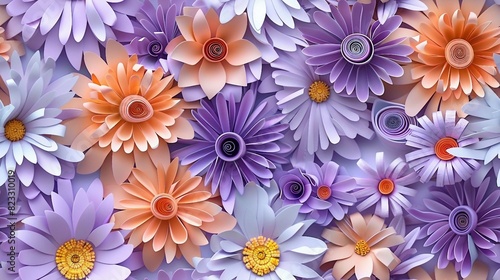 Seamless pattern featuring 3D Amethyst and Peach Daisy florals  resembling a paper quill design. 