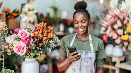 Young african american shopkeeper girl smiling happy using smartphone at florist. Online shopping, flowers delivery