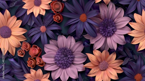 Seamless pattern featuring 3D Amethyst and Peach Daisy florals  resembling a paper quill design. 