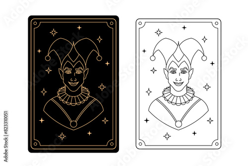 Tarot card jester. The major arcana of a deck of  tarot cards.