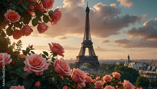 Eiffel Tower surrounded by pink roses, creating a stunning and romantic scene in Paris.
 Romantic view of Eiffel Tower with pink roses, capturing the essence of Parisian beauty.
Pink roses fra photo