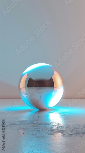 3D rendering of a shiny sphere on a reflective surface.